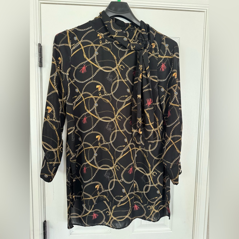 Zara Chain Tassel Horse & Jewel Pattern Tie Neck Tunic XL - Picture 5 of 11